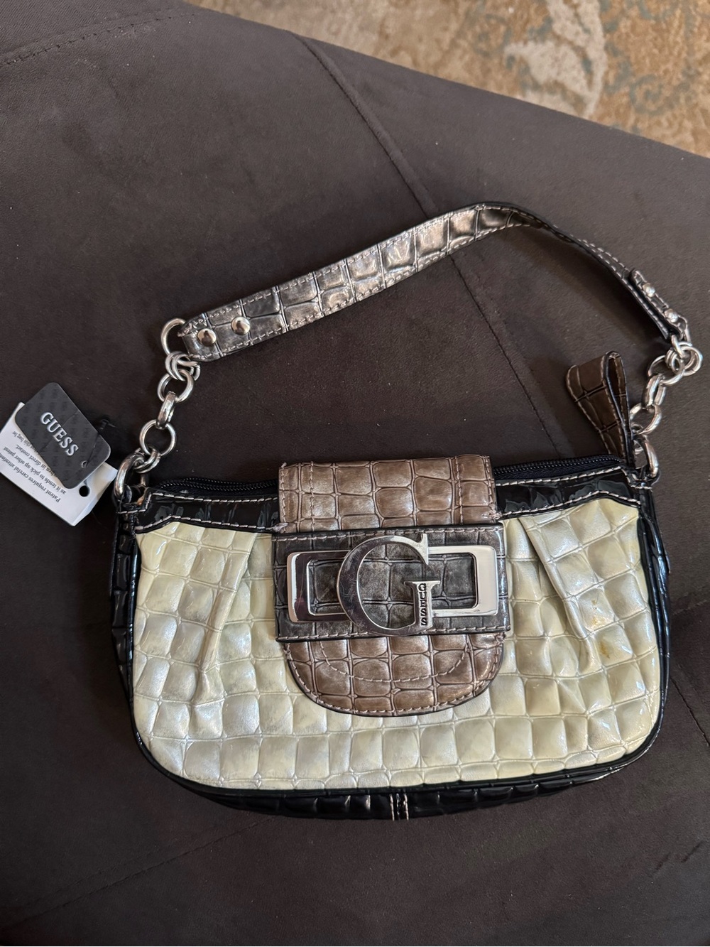 GUESS vintage y2k Two-Tone Croc-Embossed Mini Shoulder Bag in Cream and Brown